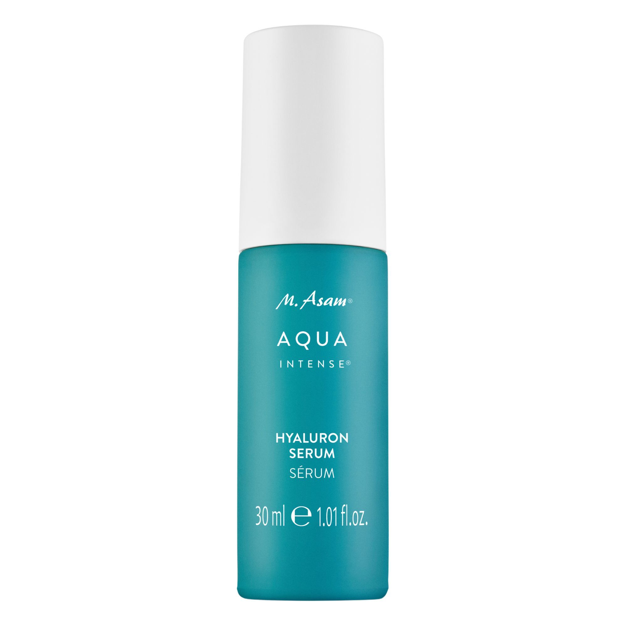 Türkisfarbene Flasche mit weißem Deckel. Text: M. Asam AQUA INTENSE Hyaluron Serum, 30 ml.