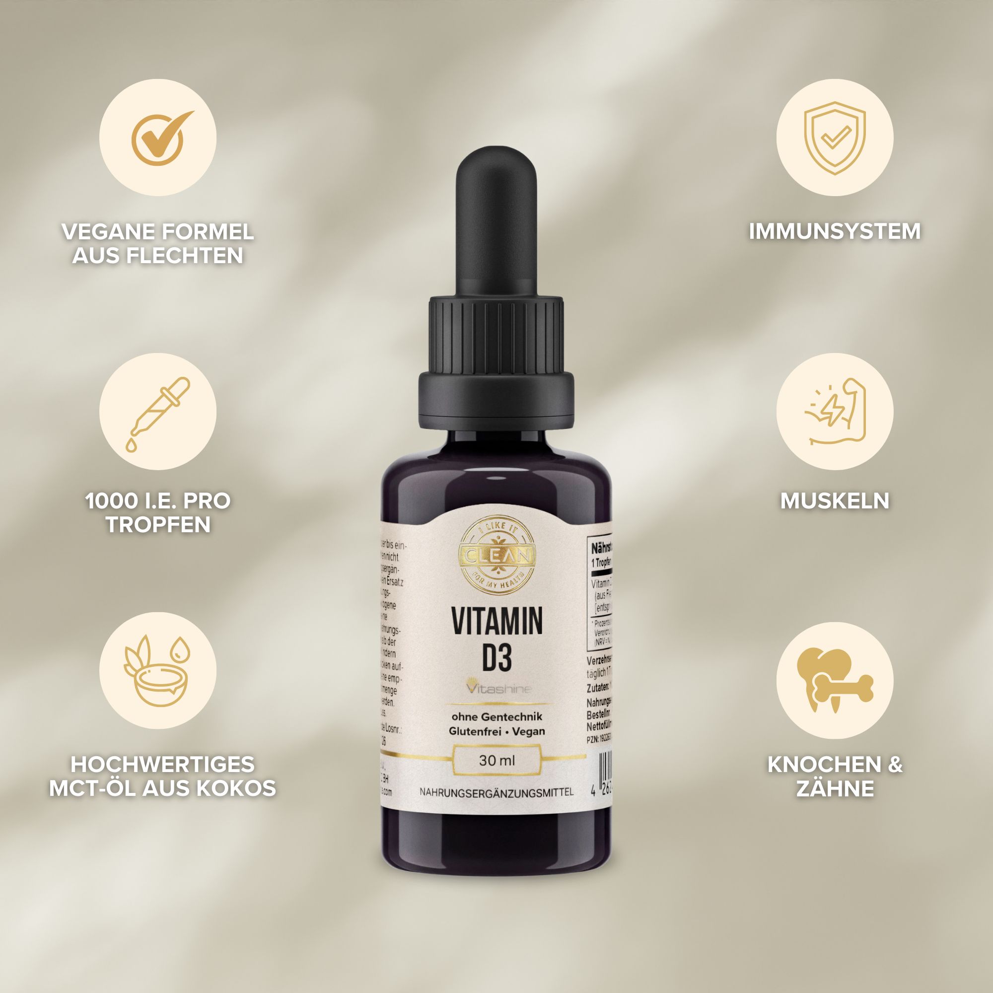Braune Glasflasche mit schwarzem Deckel und Pipette. Aufschrift: Vitamin D3. Vegan, glutenfrei. 30 ml.