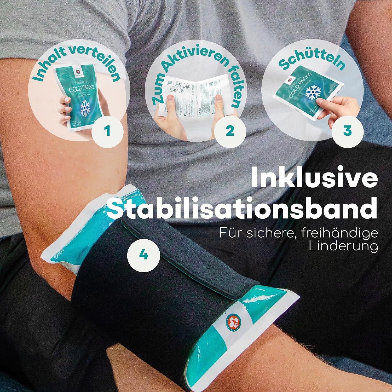 Anleitung zur Aktivierung von Kühlpacks: Inhalt verteilen, falten, schütteln. Inklusive Stabilisationsband.