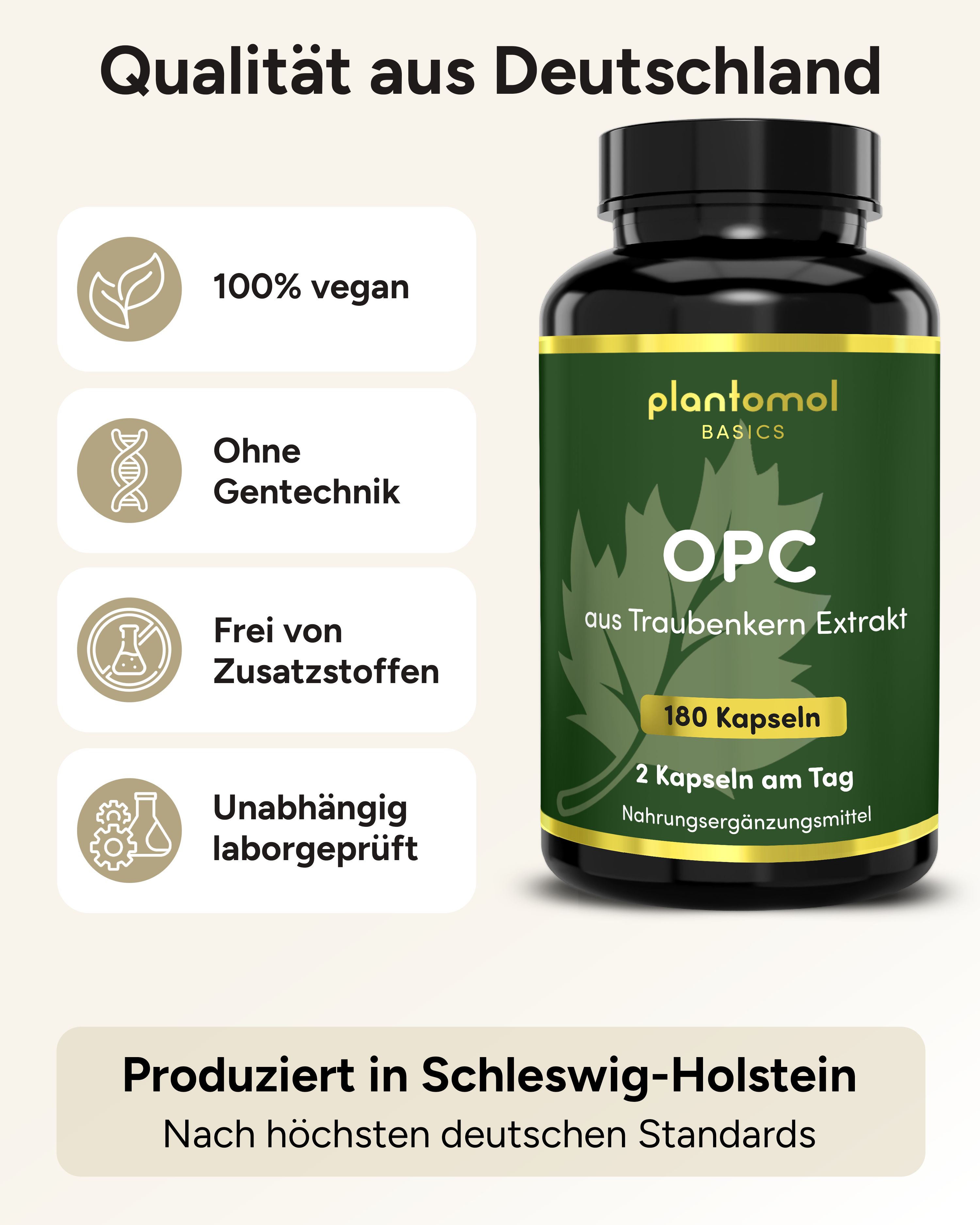 Braune Flasche mit OPC Kapseln, 100% vegan, ohne Gentechnik, frei von Zusatzstoffen, laborgeprüft.