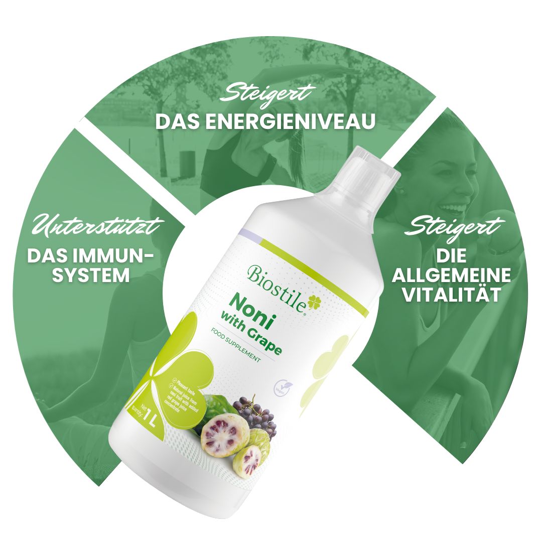 Bouteille de jus Biostile Noni avec raisin. Effets sur le système immunitaire, l'énergie et la vitalité.