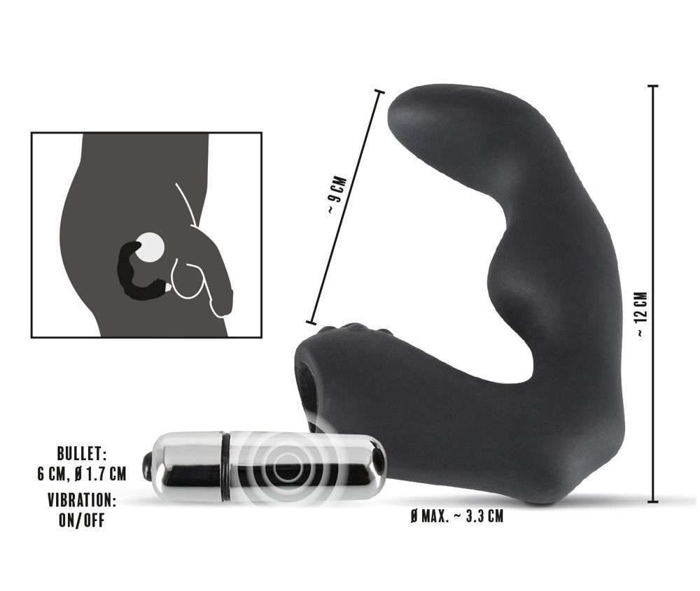 Diagramm mit Prostatavibrator und Vibro-Ei. Abmessungen: 9 cm hoch, 12 cm lang, max. 3,3 cm breit. Vibro-Ei: 6 cm.