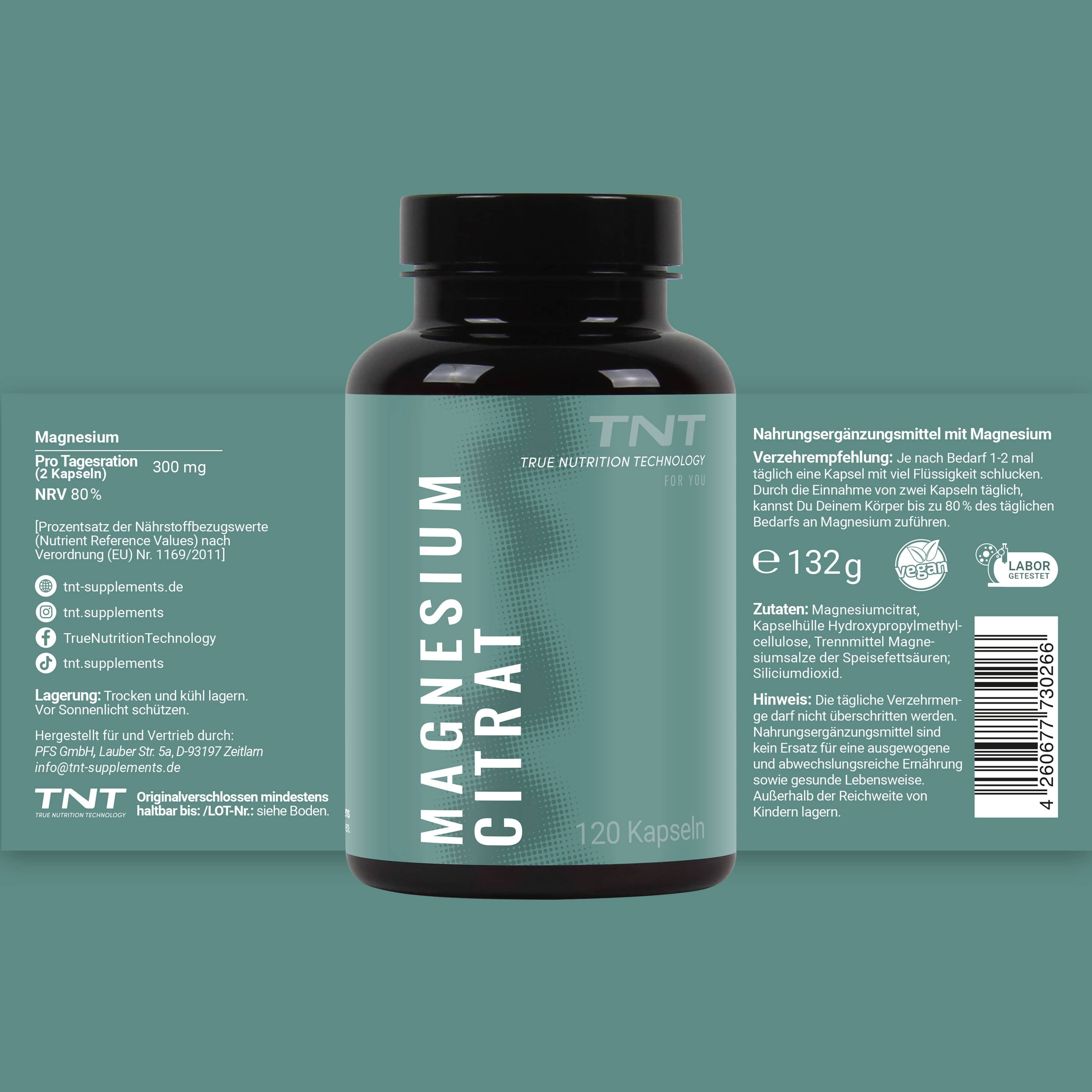 Magnesium Citrat Flasche mit Etikett. Text: 120 Kapseln, 132g. Marke: TNT True Nutrition Technology. Inhaltsstoffe und Nährwertangaben.