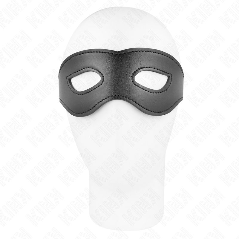 Schwarze Kunstledermaske mit ovalen Augenöffnungen, auf einem weißen Schaufensterpuppenkopf platziert.