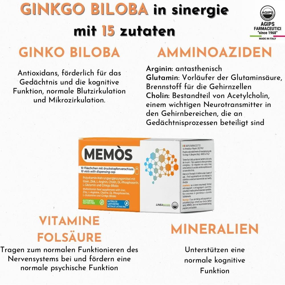 Produktverpackung MEMOS mit Texten über Inhaltsstoffe wie Ginkgo Biloba, Aminosäuren, Vitamine und Mineralien. Logo AGIPS und Zertifizierungen.