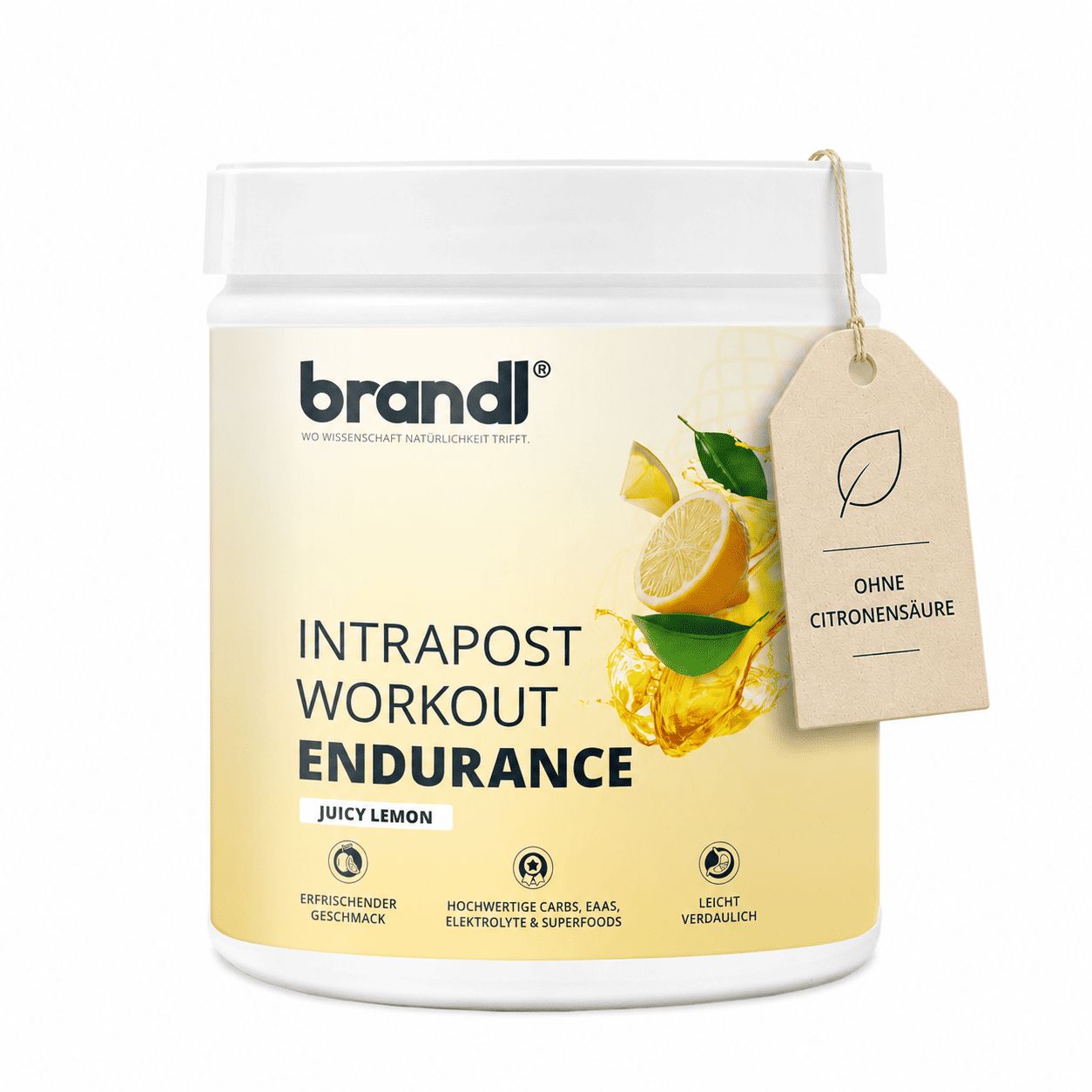 Dose brandl® Ausdauer-Drink, Etikett mit Text: Juicy Lemon, ohne Citronensäure. Text: erfrischender Geschmack, hochwertige Carbs, EAA, leicht verdaulich.