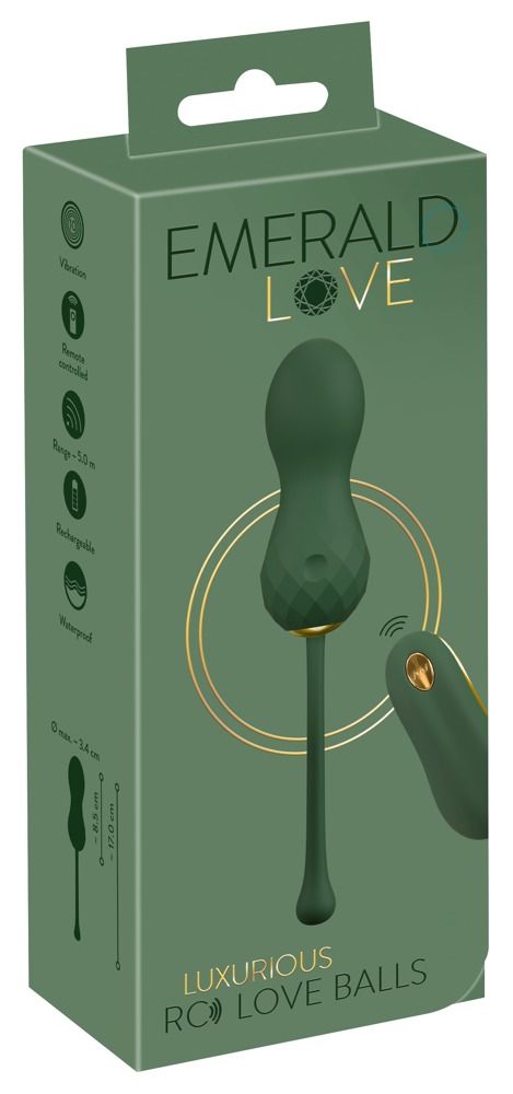 Verpackung für Emerald Love - Luxurious RC Love Balls. Die Box ist grün mit Produktabbildung und Text. Maße sind angegeben.