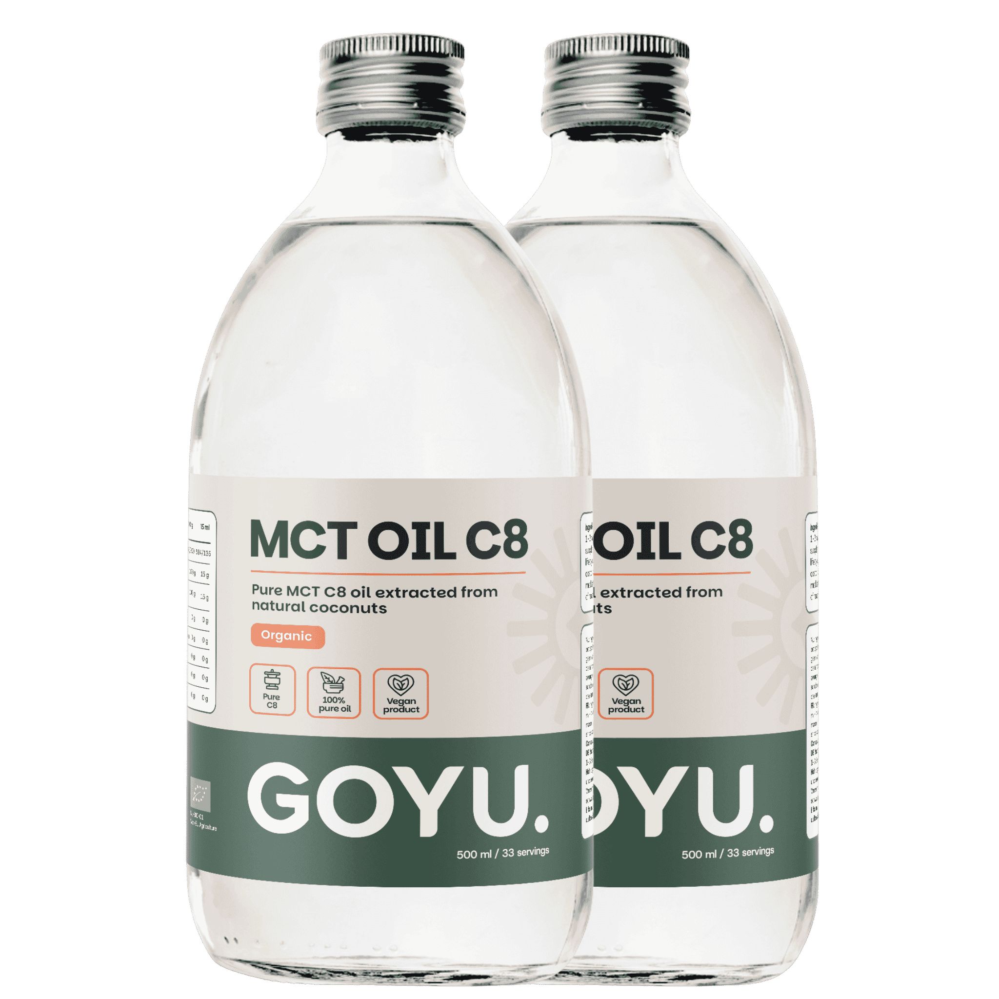 Zwei GOYU MCT Öl C8 Flaschen, je 500 ml. Bio-zertifiziert, rein aus Kokosnüssen.