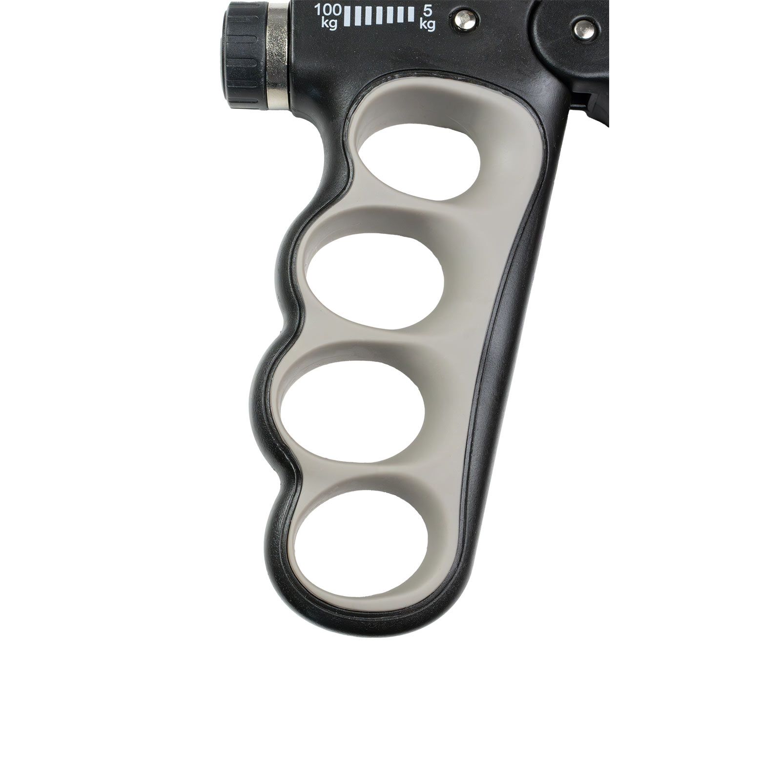 Handtrainer mit vier Fingerlöchern. Schwarz-grau. Einstellbare Widerstandsanzeige. Kunststoff- und Metallteile.