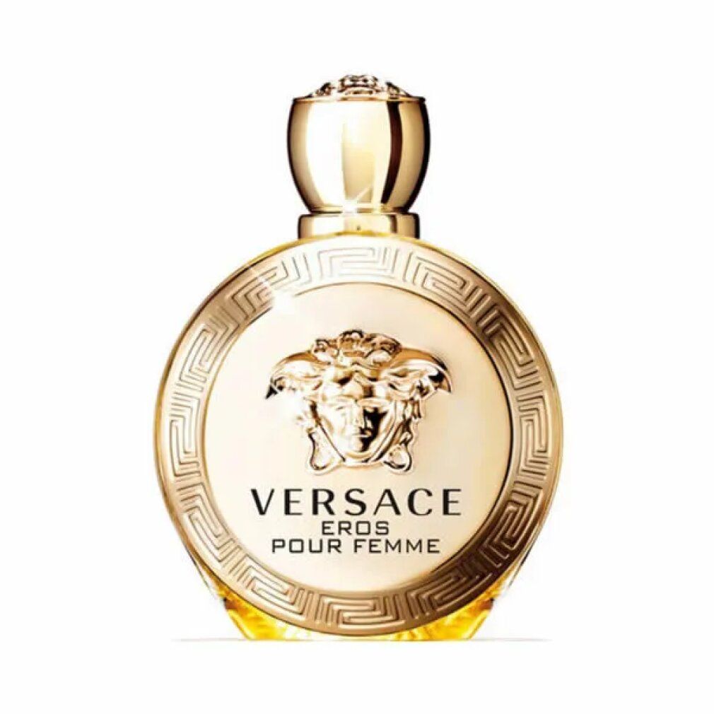Goldfarbener Flakon mit rundem Design. Aufschrift: VERSACE EROS POUR FEMME. Goldfarbener Deckel.