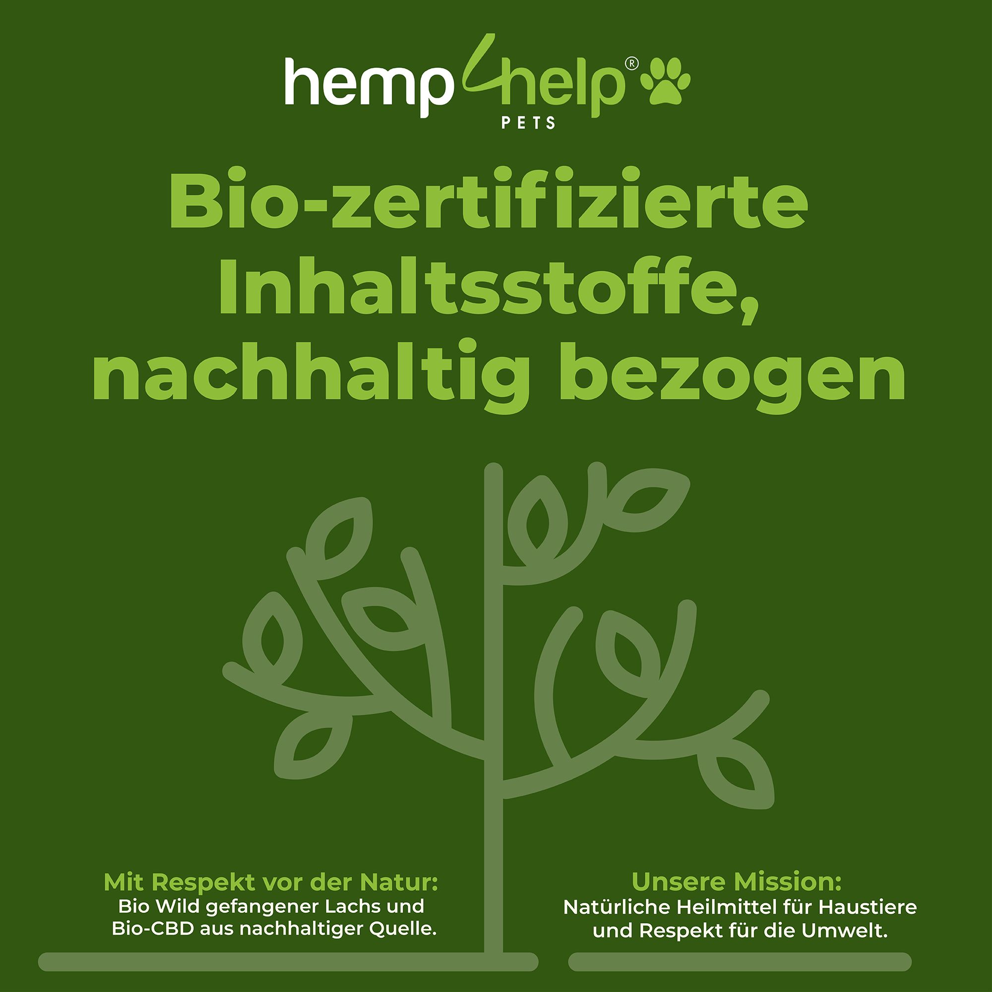 Grüner Hintergrund mit Baum-Illustration. Text: Bio-zertifizierte Inhaltsstoffe, nachhaltig bezogen. Logo: hemp4help PETS.