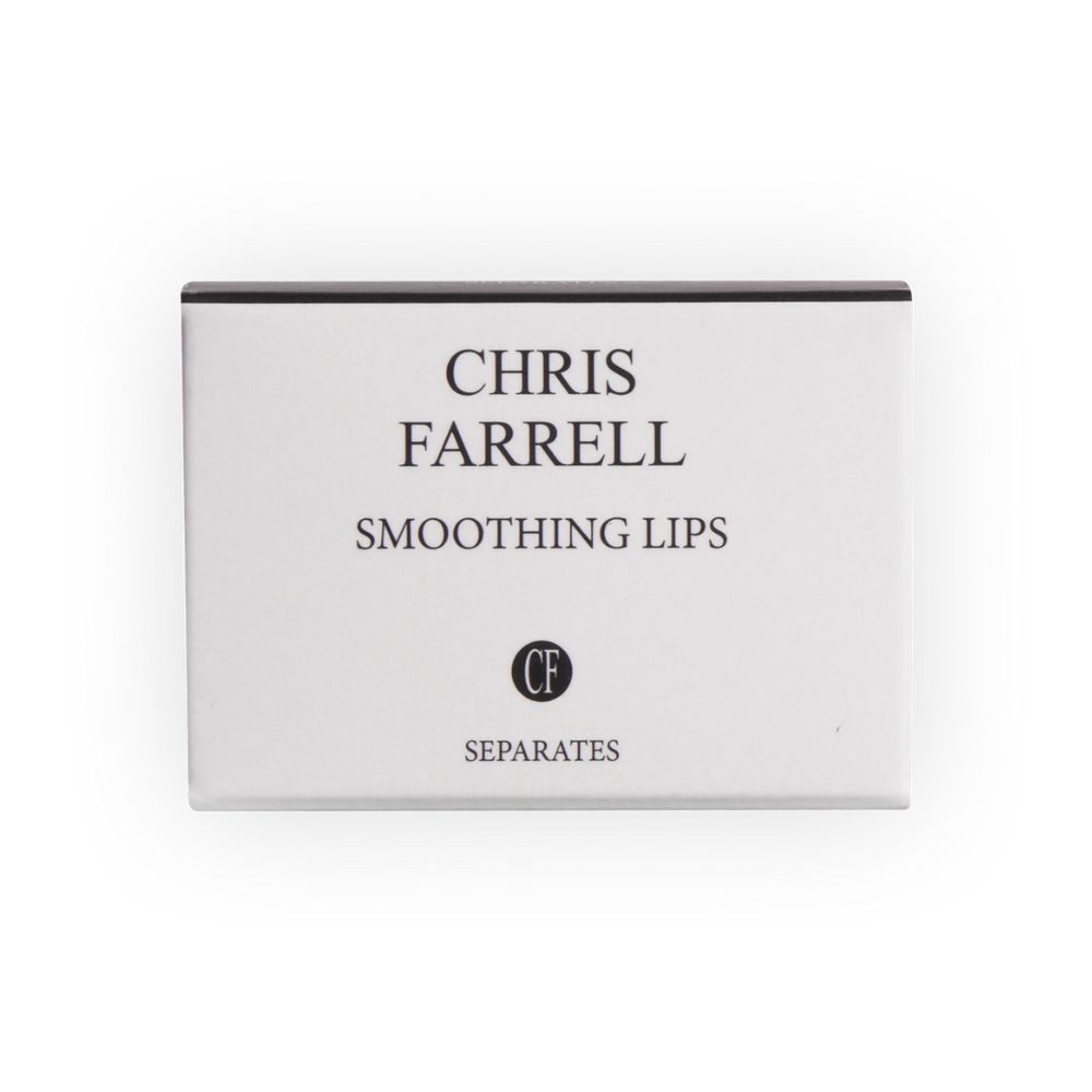 Weiße Produktverpackung mit schwarzem Rand. Aufschrift: CHRIS FARRELL SMOOTHING LIPS. Logo CF und separates Label.