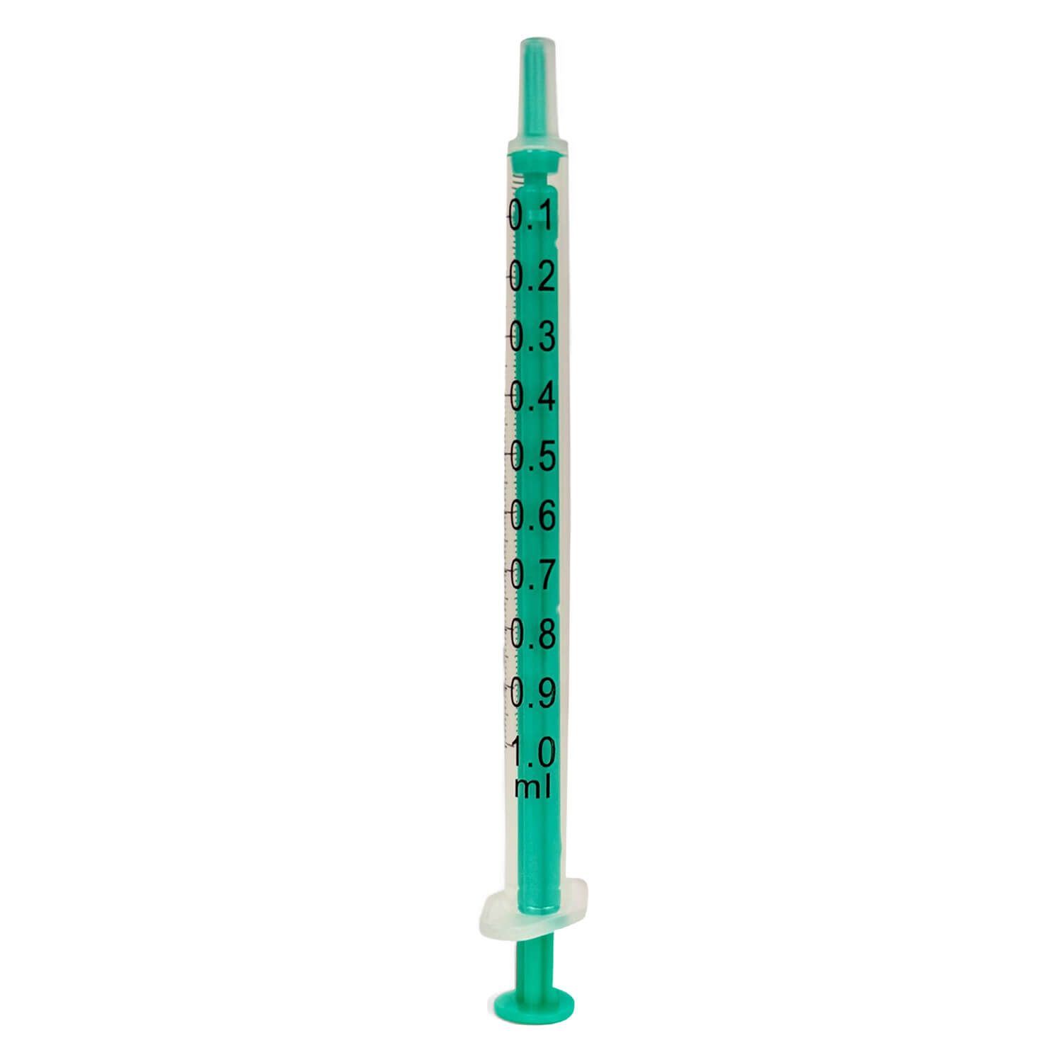 Grüne Einwegspritze, 2-teilig, 1 ml, mit Luer-Anschluss und ml-Skala.