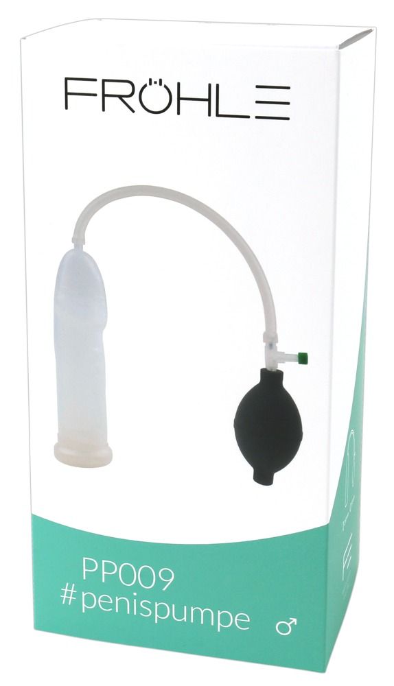 Anatomische Penis Pumpe mit transparentem Zylinder, schwarzem Balg und Schlauch.