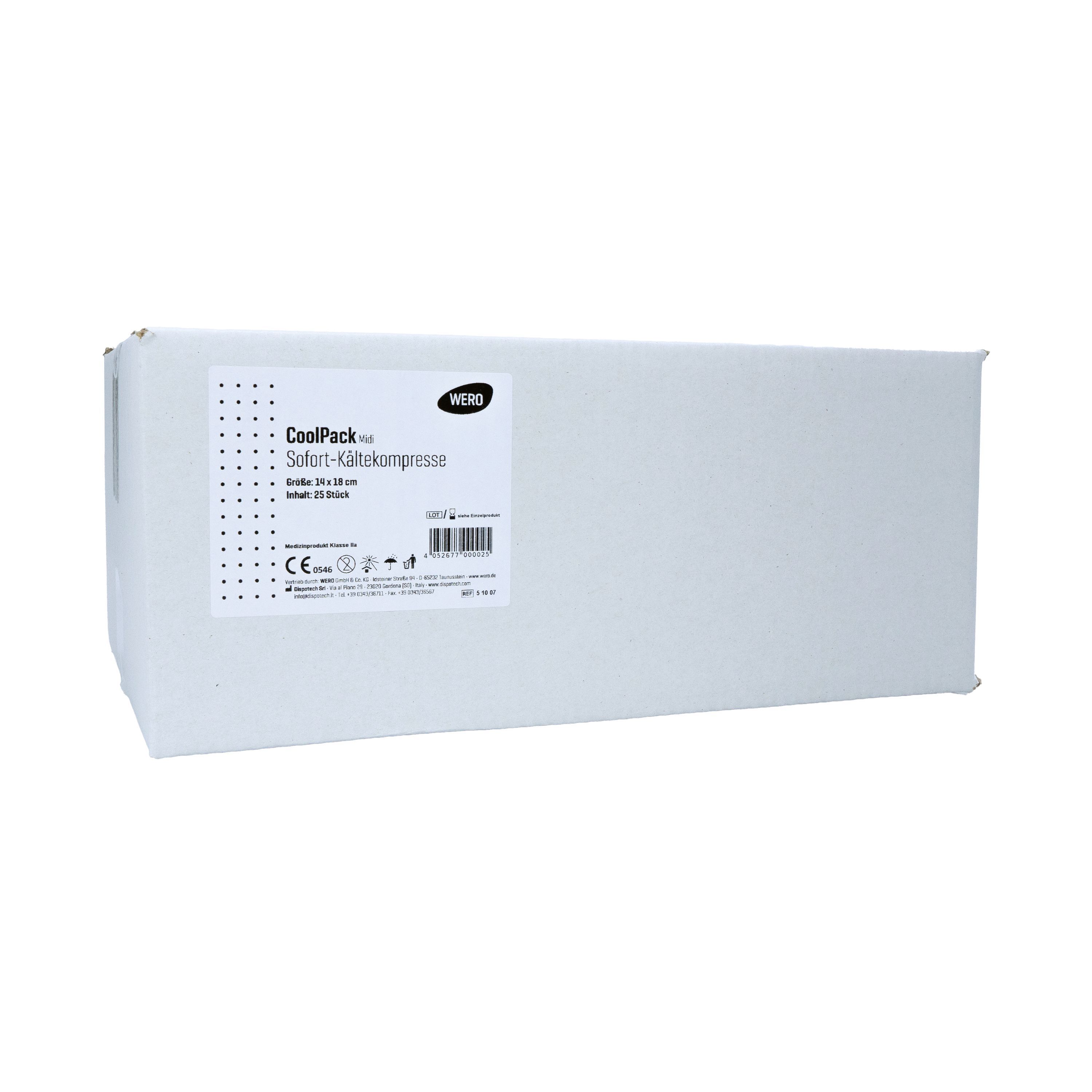 Weiße rechteckige Verpackung mit Produktinformationen. Aufschrift: CoolPack Sofort-Kältekompresse. Größe: 14 x 18 cm.