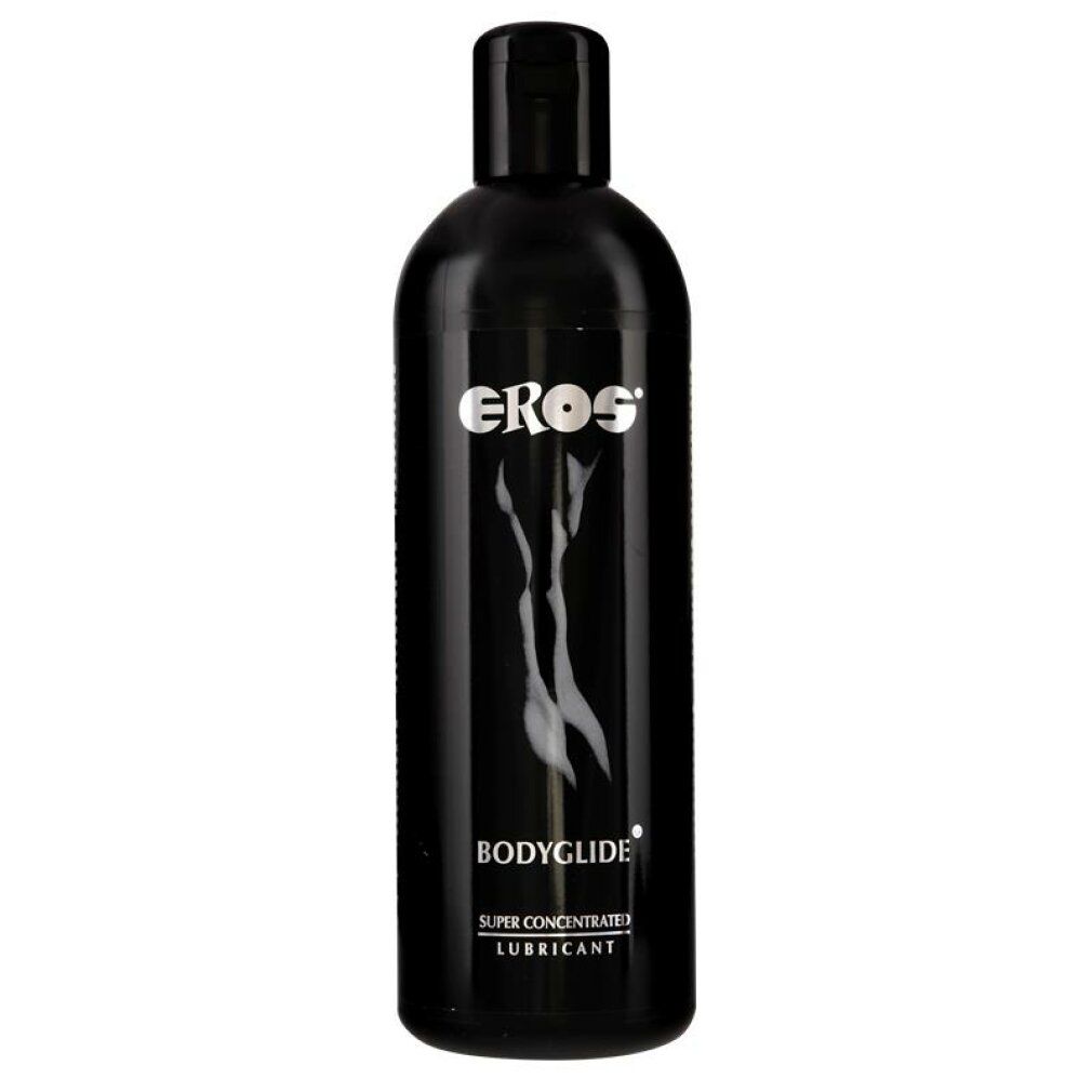 Schwarze Flasche mit "EROS"-Logo und "BODYGLIDE"-Schriftzug. Enthält eine Abbildung einer Frau. "SUPER CONCENTRATE LUBRICANT" darunter.