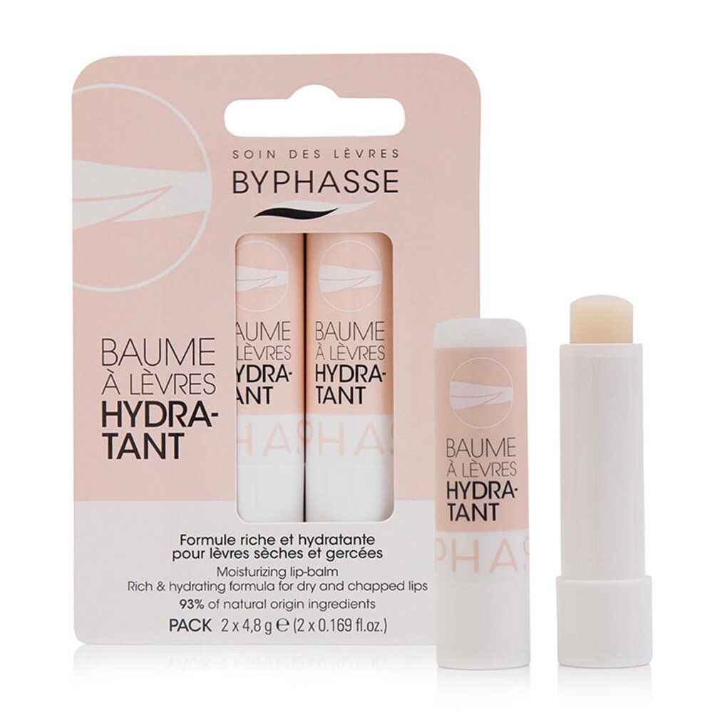 Zwei Lippenbalsam-Stifte in Blisterverpackung und ein einzelner Stift. Aufdruck: BYPHASSE, BAUME À LÈVRES HYDRATANT. Formel für trockene Lippen. 93% natürliche Inhaltsstoffe.