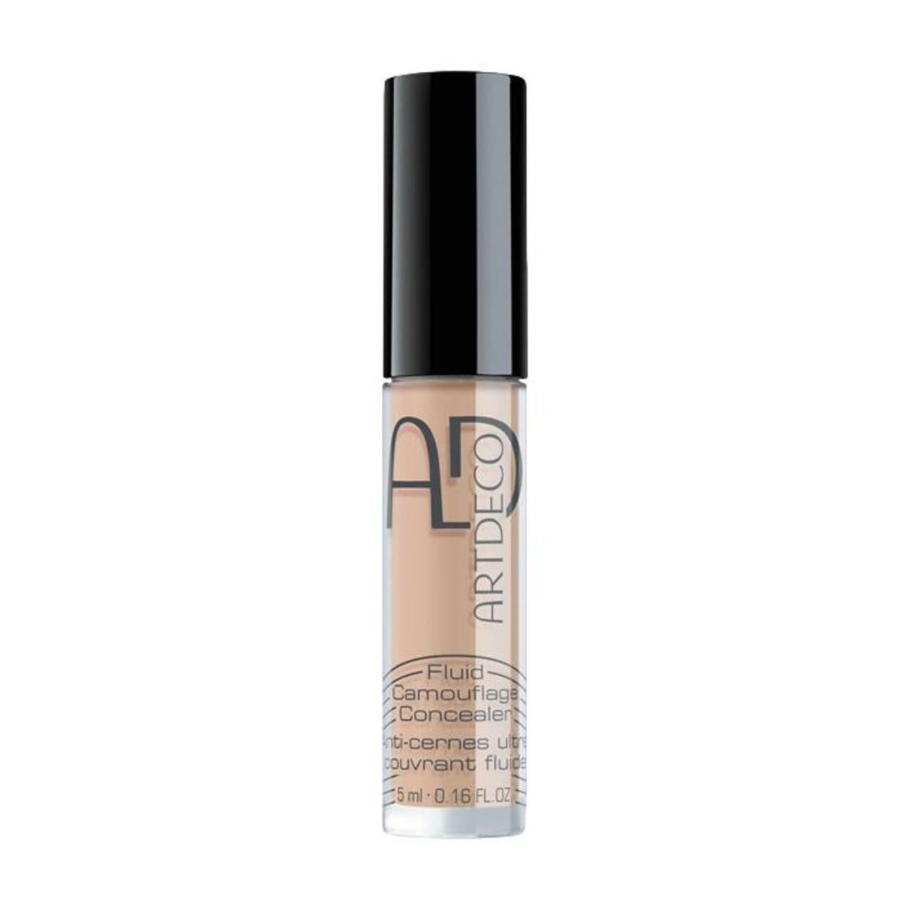 Artdeco Fluid Camouflage Concealer. Transparente Flasche mit schwarzem Deckel. Produktname und Logo sichtbar.