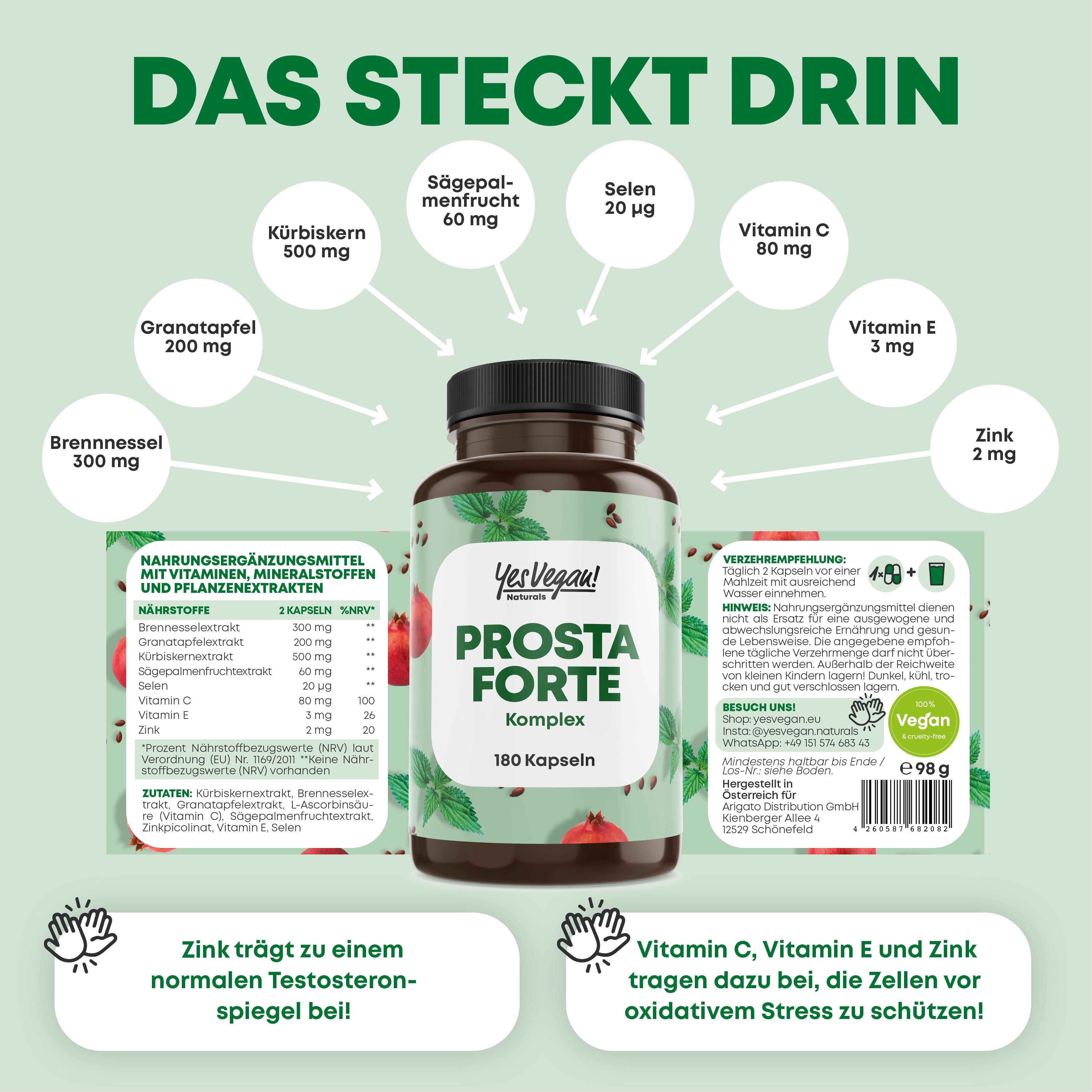 Flasche mit 180 Kapseln Prosta Forte Komplex von Yes Vegan! mit Zutatenübersicht.