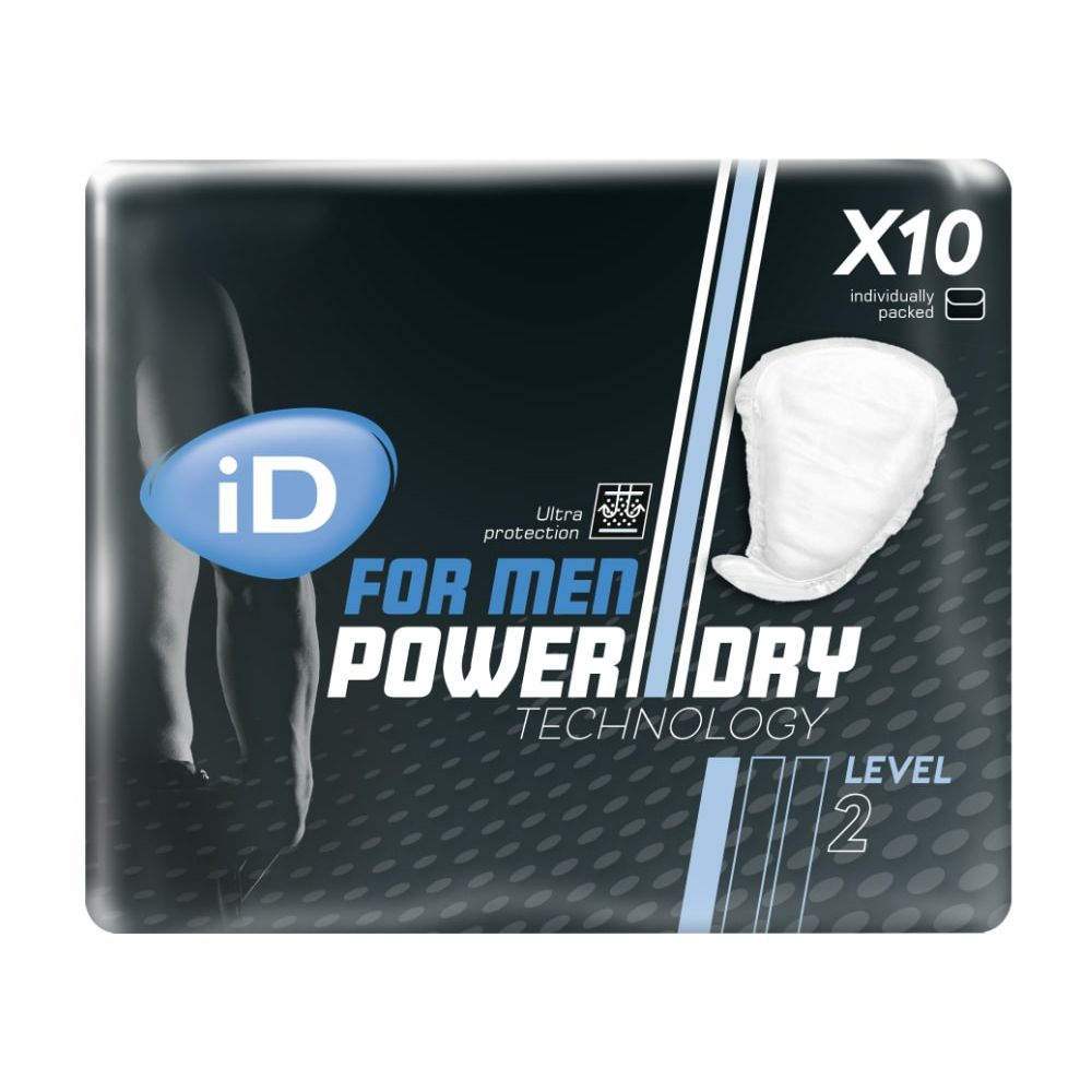 Verpackung iD For Men Level 2. Schwarzer Hintergrund, Produktname und Logo. Zehn einzeln verpackte Einlagen.