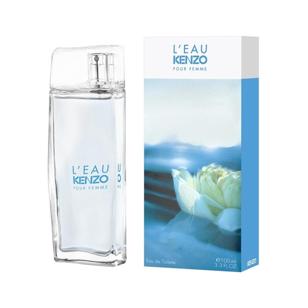 Glasflakon und Verpackung. Verpackung mit Lotusblüten-Motiv und Schriftzug L'EAU KENZO POUR FEMME.
