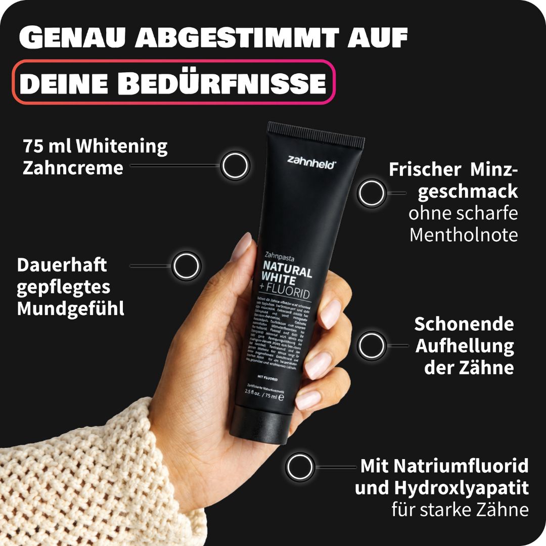 Zahnheld Zahnpasta Tube in Hand, mit Text zu Minzgeschmack, Aufhellung und Inhaltsstoffen.