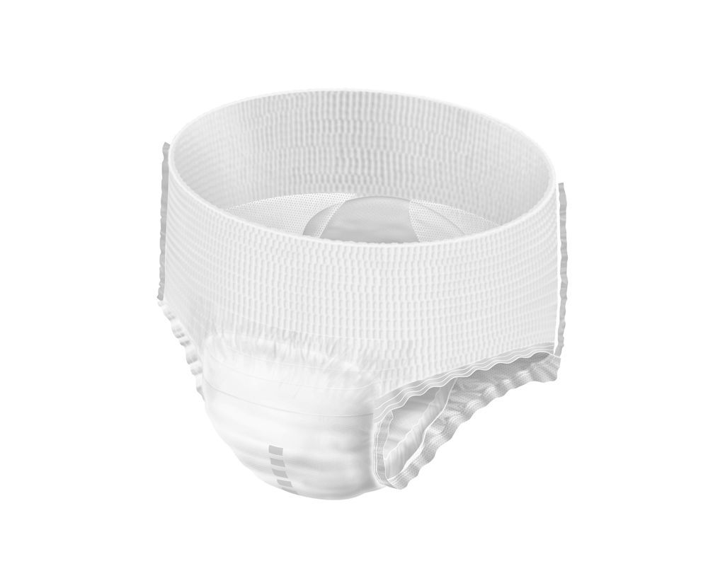 Weiße MoliCare Premium Mobile Einweghose. Elastischer Bund und Beinabschlüsse. Produkt ohne Verpackung, freigestellt.