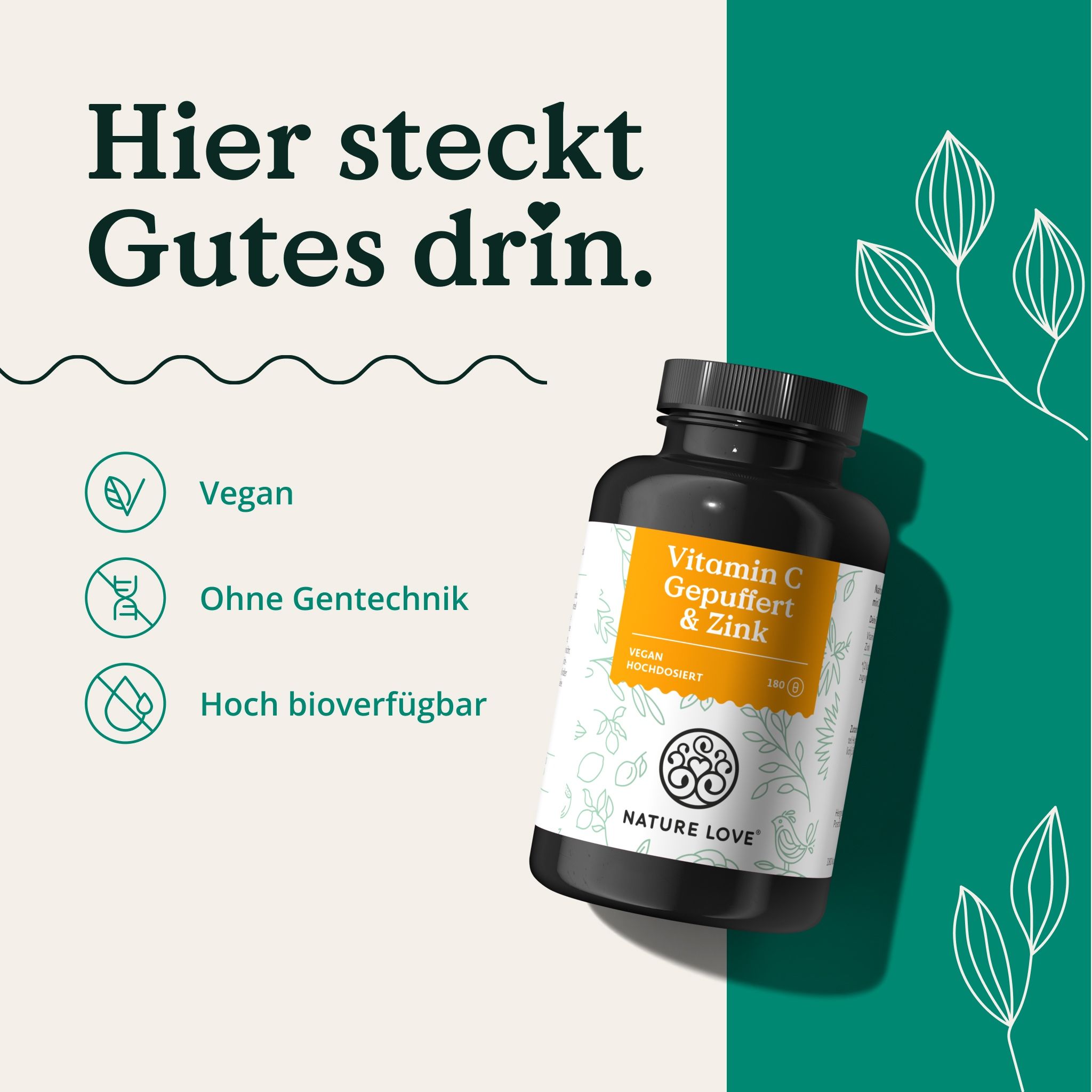 Braune Flasche mit Vitamin C & Zink. Aufschrift: NATURE LOVE®. Vegan, ohne Gentechnik, hoch bioverfügbar. Hintergrund: grüne Blätter.