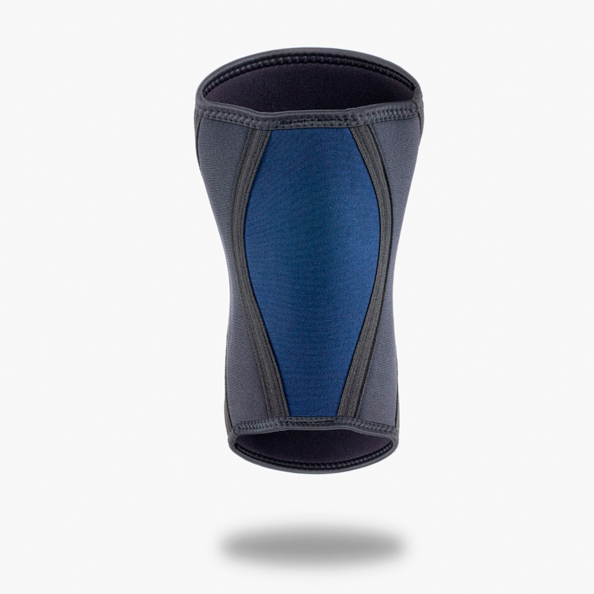 Kniebandage, blau und grau. Neopren. Schwarze Nähte. Blick von oben. Schattenwurf.