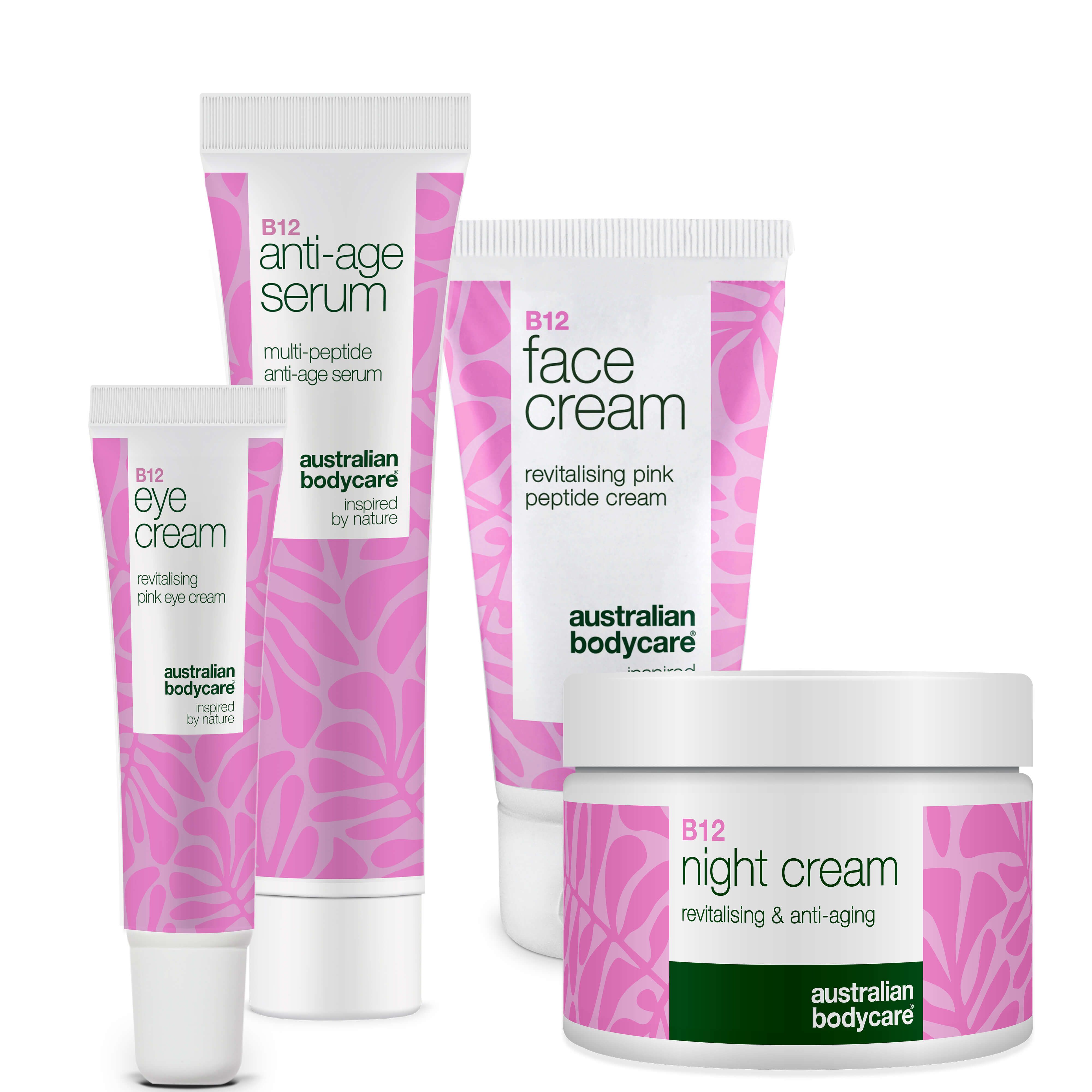 Vier Kosmetikprodukte: Augen-, Anti-Age-Serum-, Gesichts- und Nachtcreme. Weiße Tuben und Tiegel mit pinkem Muster.