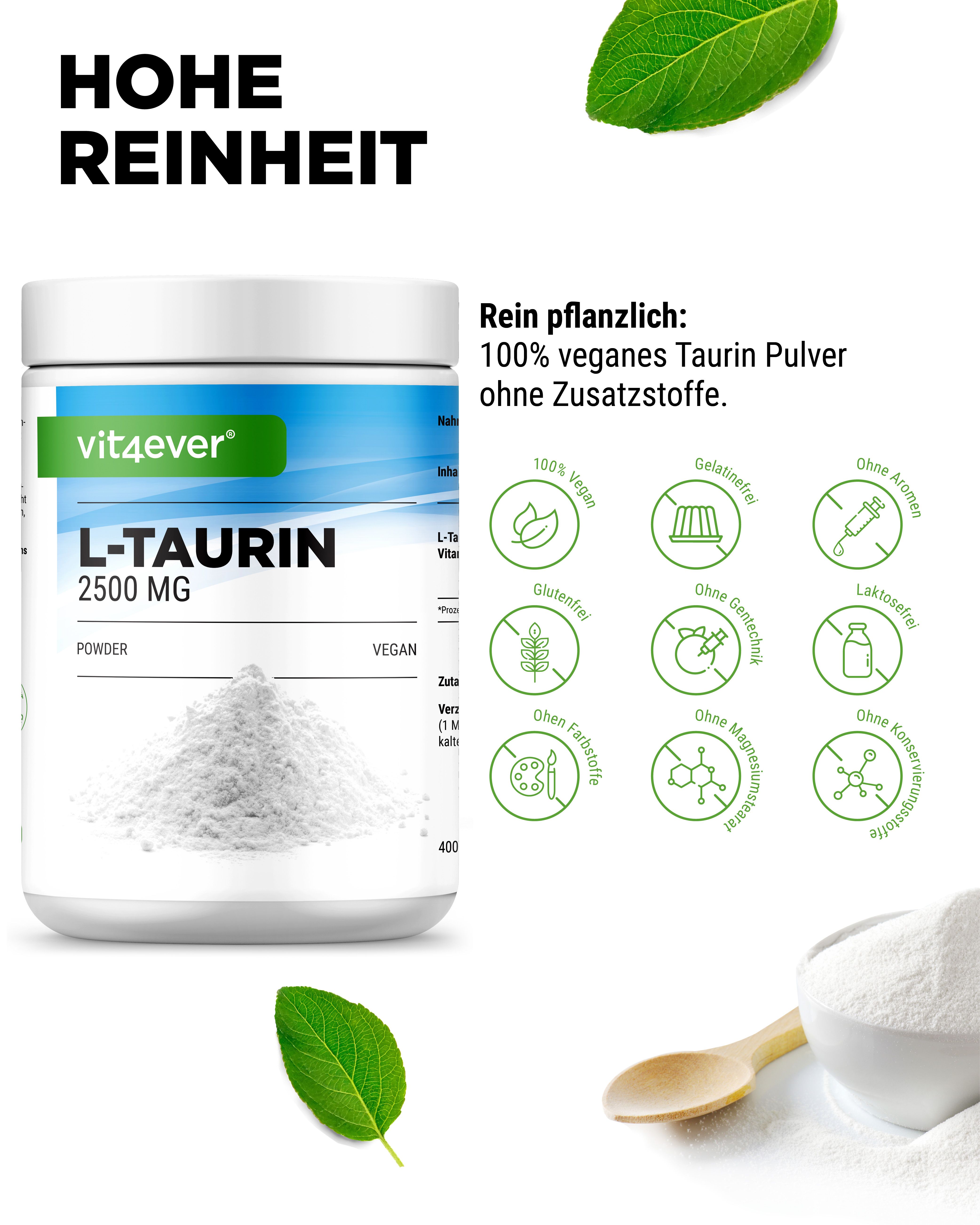 Produktverpackung mit L-Taurin-Pulver. Text: Hohe Reinheit. Rein pflanzlich: 100% veganes Taurin Pulver ohne Zusatzstoffe.