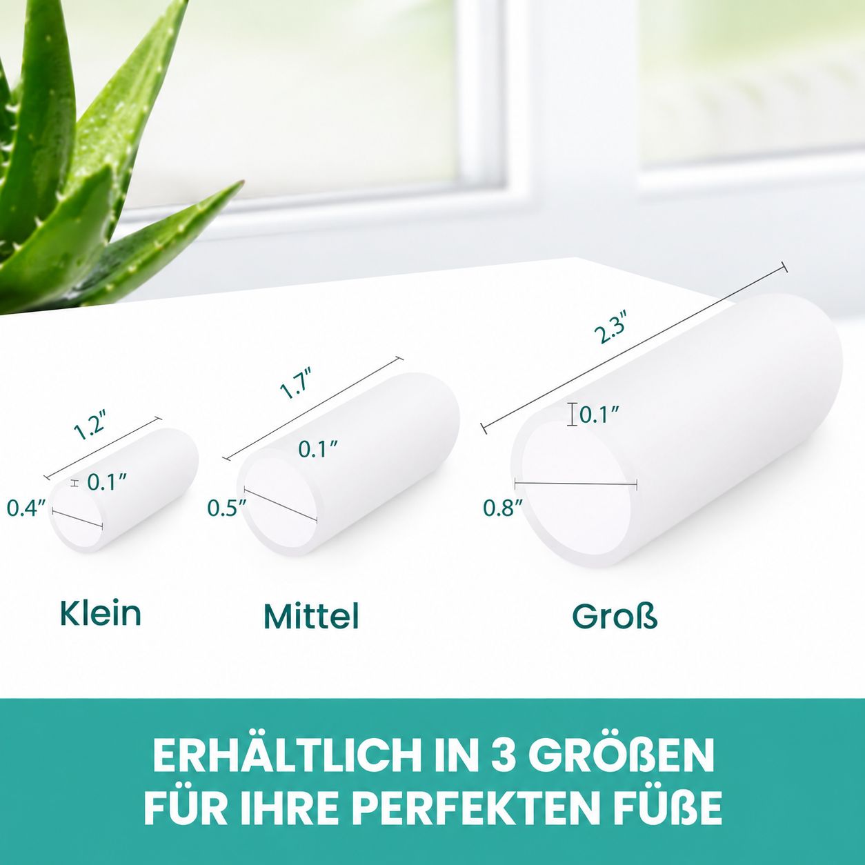Drei weiße Zehenschützer in verschiedenen Größen (Klein, Mittel, Groß) mit Maßangaben.