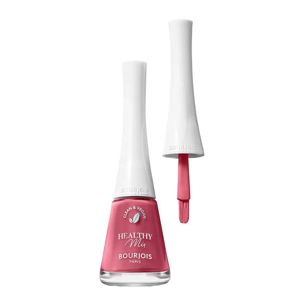 Nagellackflasche mit Pinsel. Rosa Lack, weißer Deckel. Aufschrift Healthy Mix und Bourjois.
