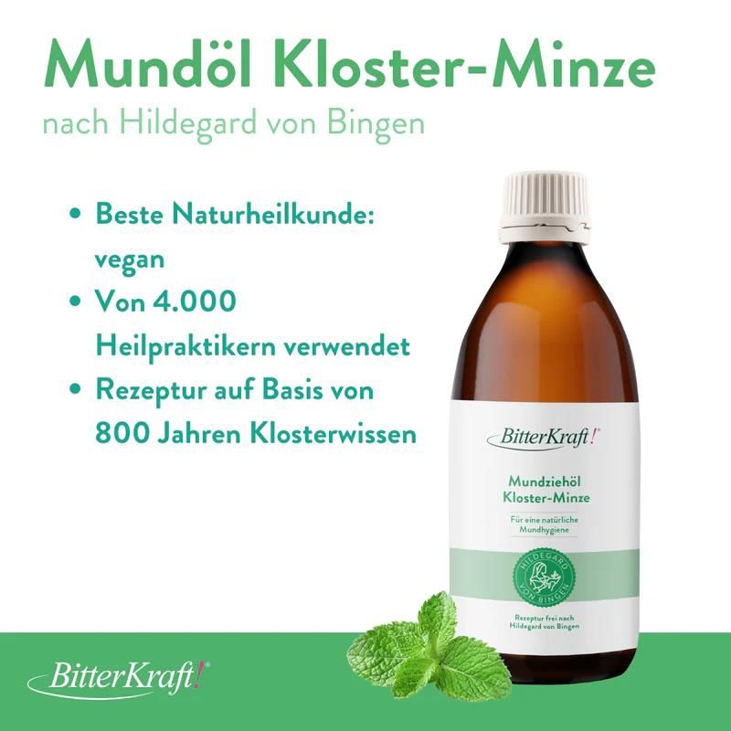 Flasche BitterKraft! Mundziehöl Kloster-Minze neben Minzblättern. Text: Beste Naturheilkunde: vegan. Von 4.000 Heilpraktikern verwendet.
