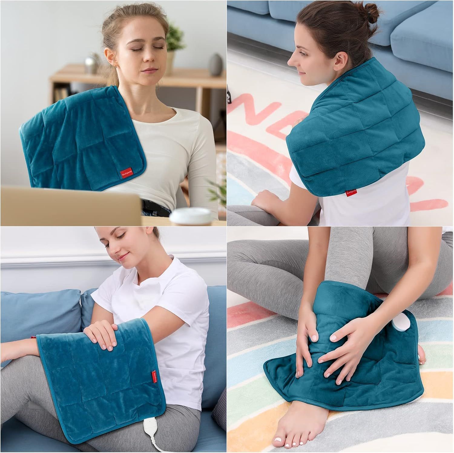 Collage: Frau nutzt Heizkissen für Nacken, Rücken, Arm und Bein. Verschiedene Anwendungsszenarien.