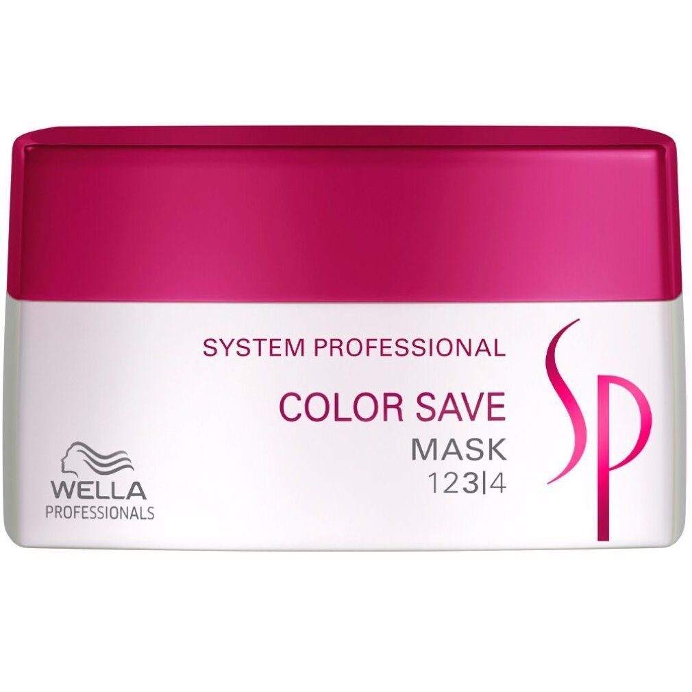 Weiß-lila Dose. Aufschrift: Color Save Mask. System Professional. Wella-Logo. SP-Logo. Text in Englisch, Französisch, Deutsch und Italienisch.
