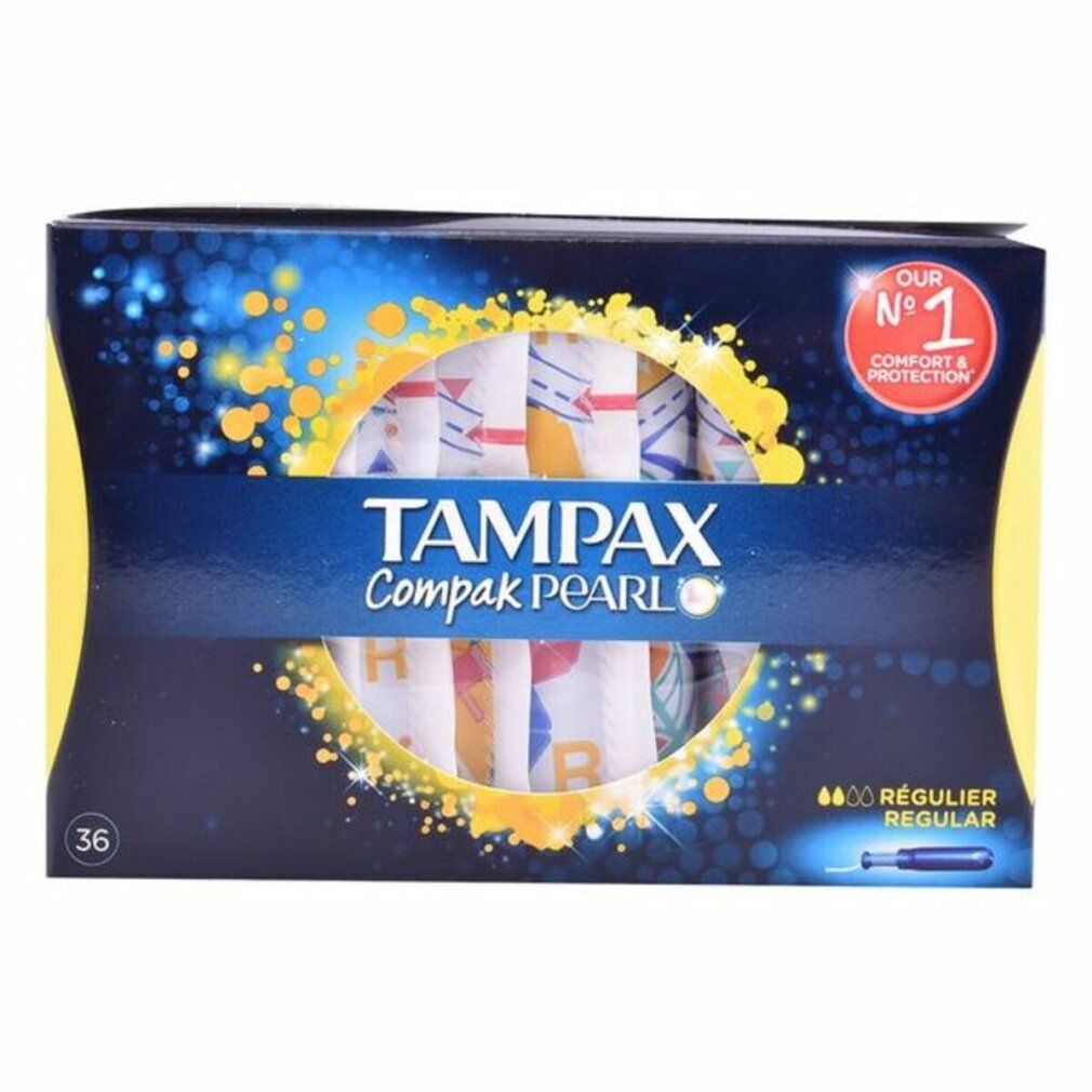 Verpackung von Tampax Compak Pearl. Enthält 36 Stück. Aufschrift: Regular. Mit dem Logo "Our No. 1 Comfort & Protection".