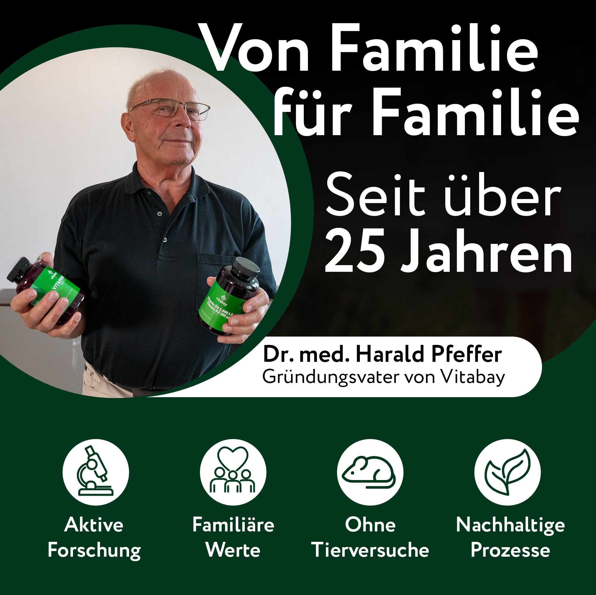 Mann hält zwei Flaschen Vitabay Methylenblau USP 20mg. Gründer von Vitabay. Aktive Forschung, Familienwerte, ohne Tierversuche, nachhaltig.