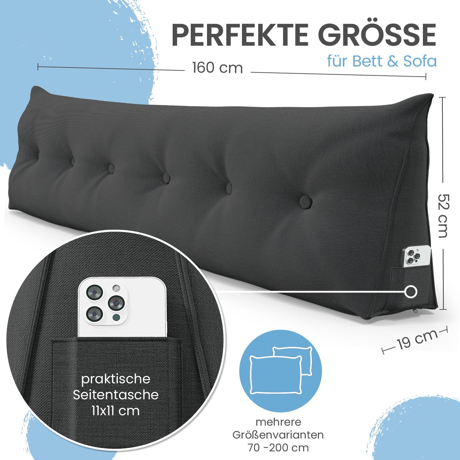 Graues Keilkissen mit Knöpfen. Maße: 160x52x19 cm. Seitentasche mit Smartphone. Text: Perfekte Größe.