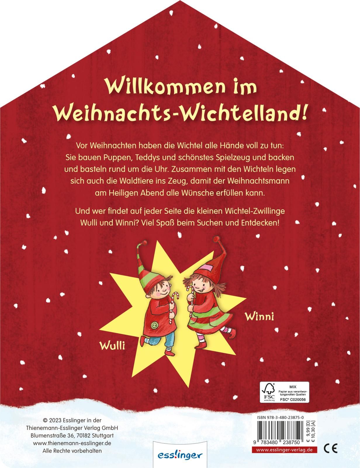 Rückseite des Buches. Text: Willkommen im Weihnachts-Wichtelland! Illustrationen von Wichteln und Stern.