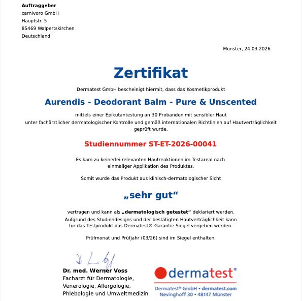 Zertifikat: Dermatest bestätigt, dass Aurendis Deodorant Balm dermatologisch getestet wurde. Ergebnis: Sehr gut.