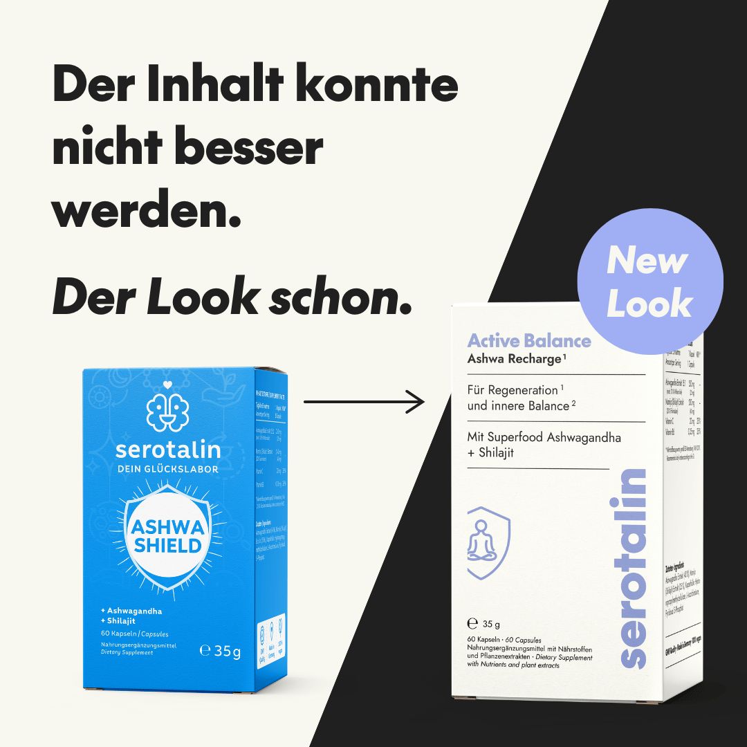 Vergleich von Produktverpackungen. Links: blaue Schachtel mit Ashwa Shield. Rechts: weiße Schachtel mit Active Balance Ashwa Recharge.