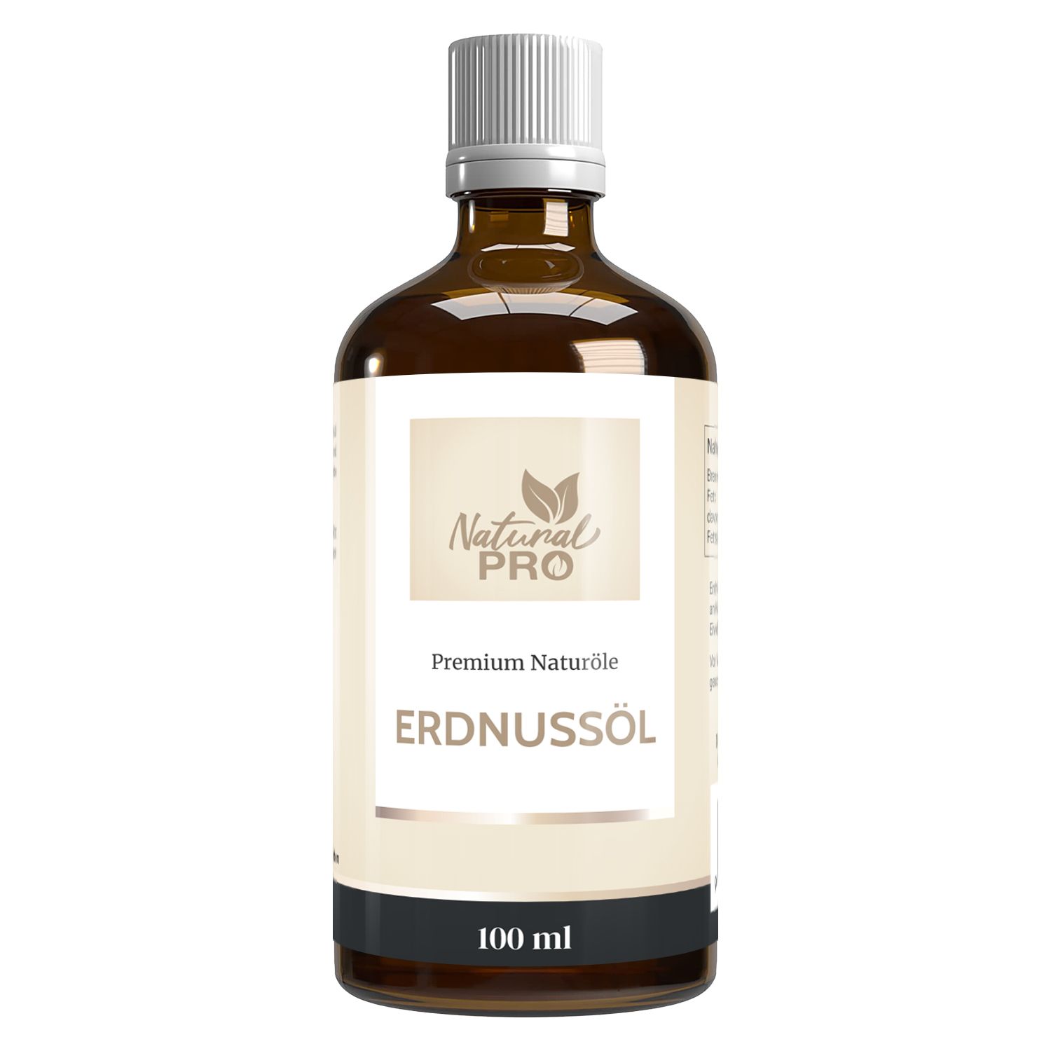 Braune Glasflasche mit weißem Etikett. Aufschrift: Natural Pro, Erdnussöl, 100 ml.