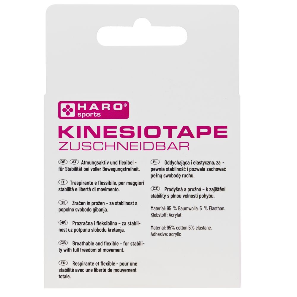 Rückseite der Kinesiotape-Verpackung. Marke HARO SPORTS. Aufschrift: KINESIOTAPE ZUSCHNIDBAR. Text in mehreren Sprachen.