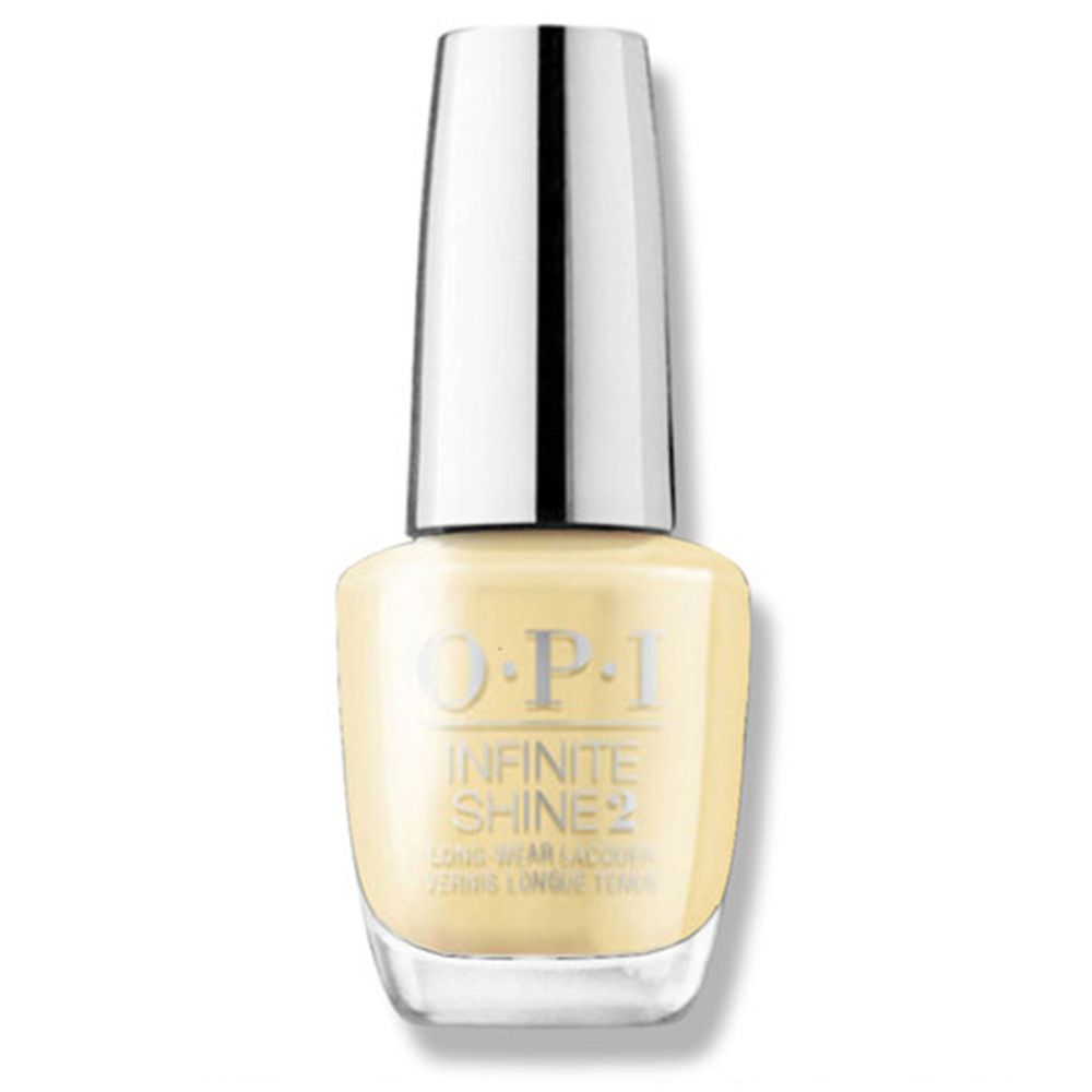Nagellackflasche mit gelber Farbe und silbernem Deckel. OPI Infinite Shine 2-Logo sichtbar.