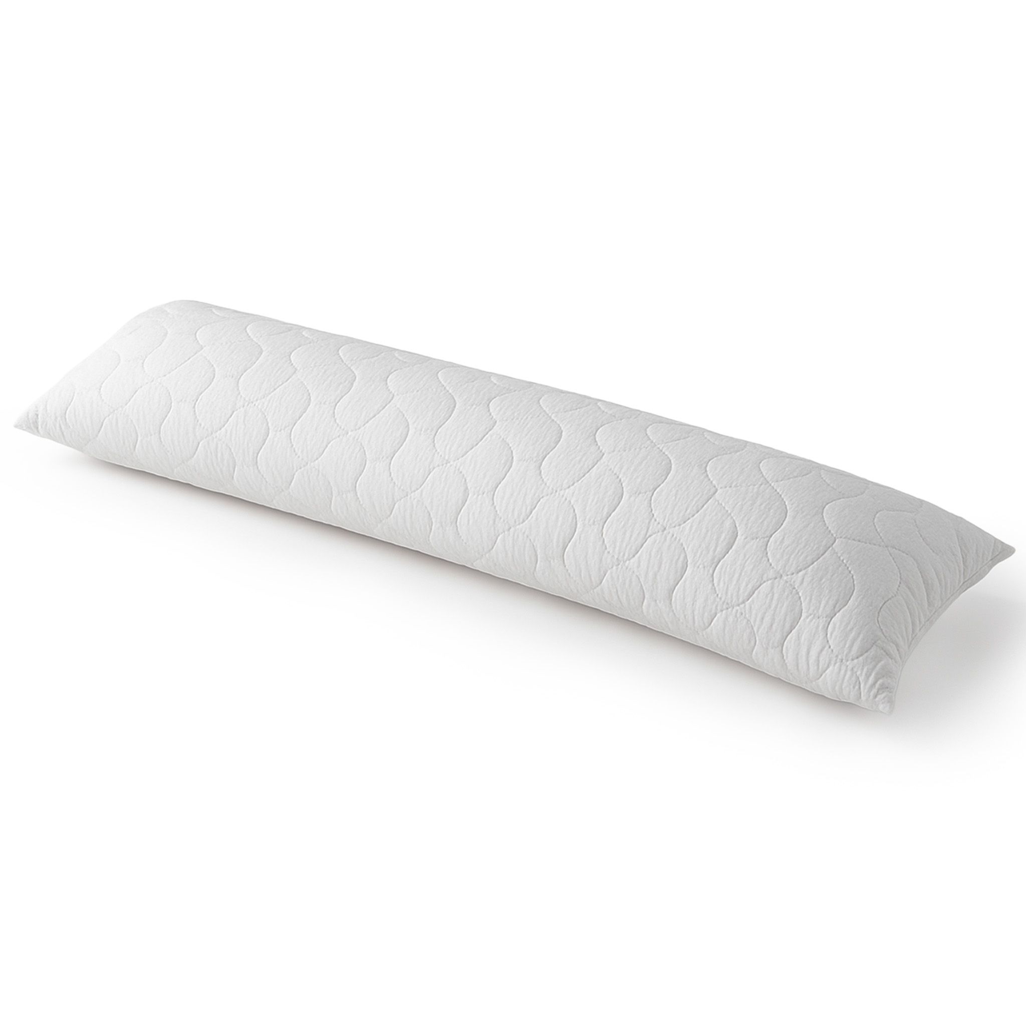 Weißes, längliches Kissen mit Steppmuster. Schräge Ansicht, freigestellt.