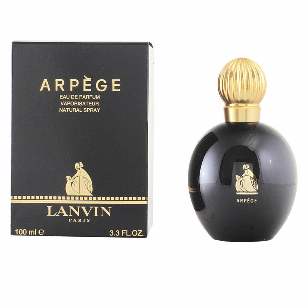 Schwarzer Flakon und Schachtel von Arpège Eau de Parfum Spray. Goldfarbene Schrift und Verzierung. 100 ml.