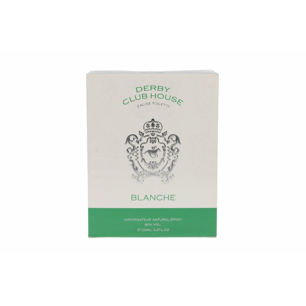 Weißer Karton mit grüner Basis. Aufschrift: DERBY CLUB HOUSE, BLANCHE. Logo mit Wappen.