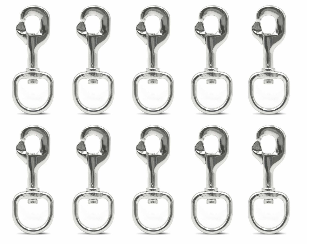 Zehn Metall-Karabinerhaken. Glänzende Oberfläche. Rechteckige Basis mit abgerundeten Ecken.