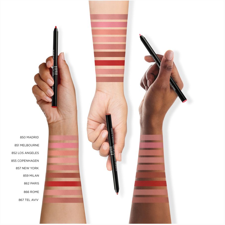 Drei Hände zeigen Lipliner und Farbmuster. Aufschrift "Selfie Lip Liner" und Farbnamen.